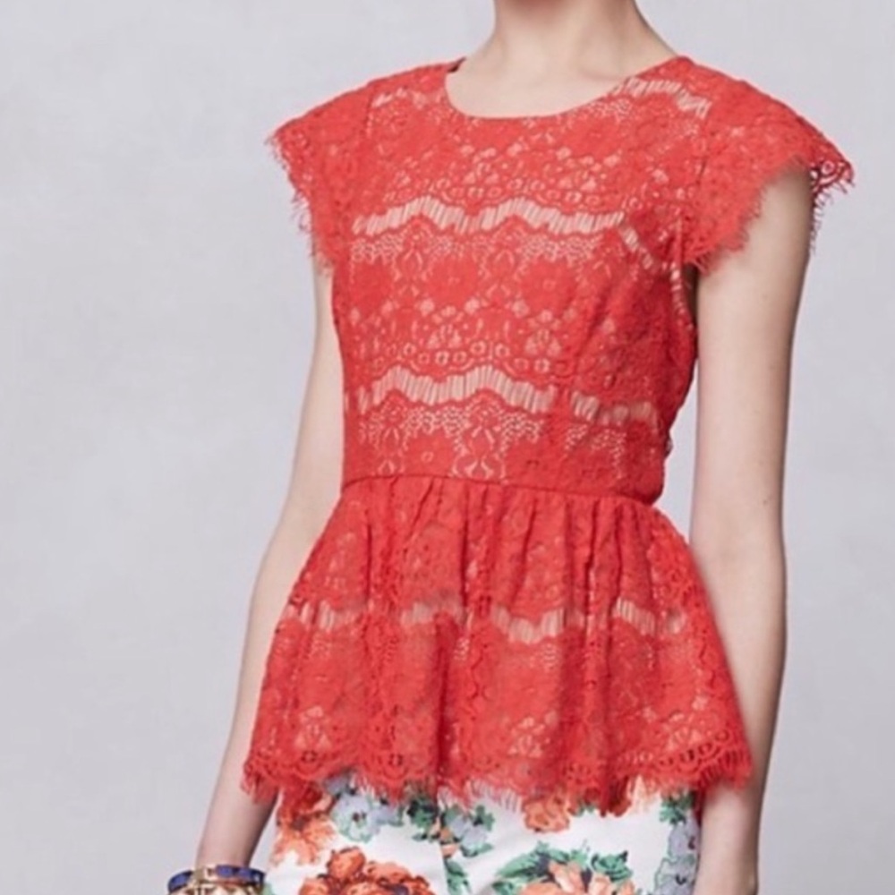 Anthropologie Maeve Red Lace Peplum Top